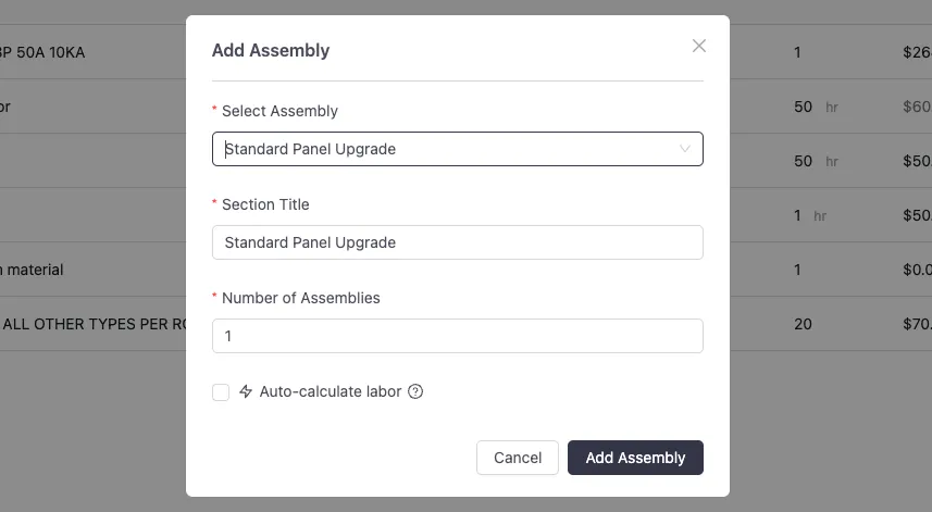 Auto-calculate labor checkbox in the Add Assembly modal in VoltPro