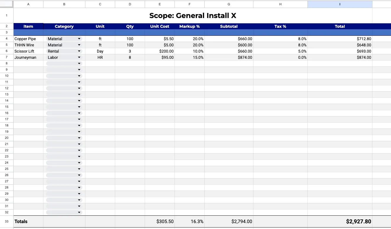 Free electrical estimate template, simple version: one-sheet line item entry for Google Sheets and Excel with markup percentage and job total
