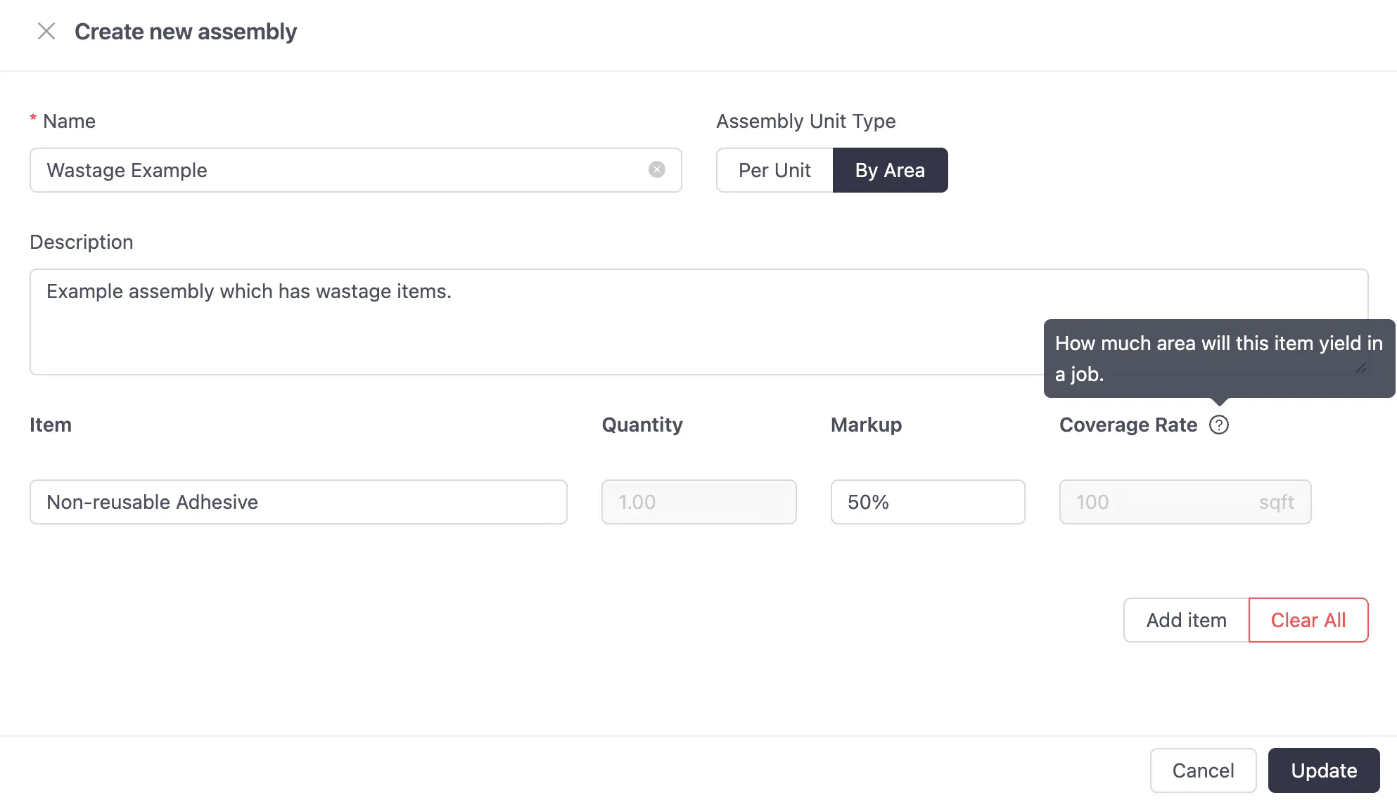 For single-use items, check the "Single-Use" box. In the example below, this material covers 100 square feet per unit.