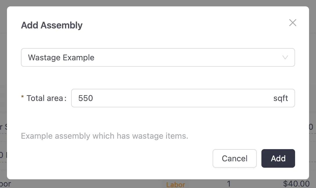 Once you have created coverage-based single-use materials, add them to 'Area-based' assemblies