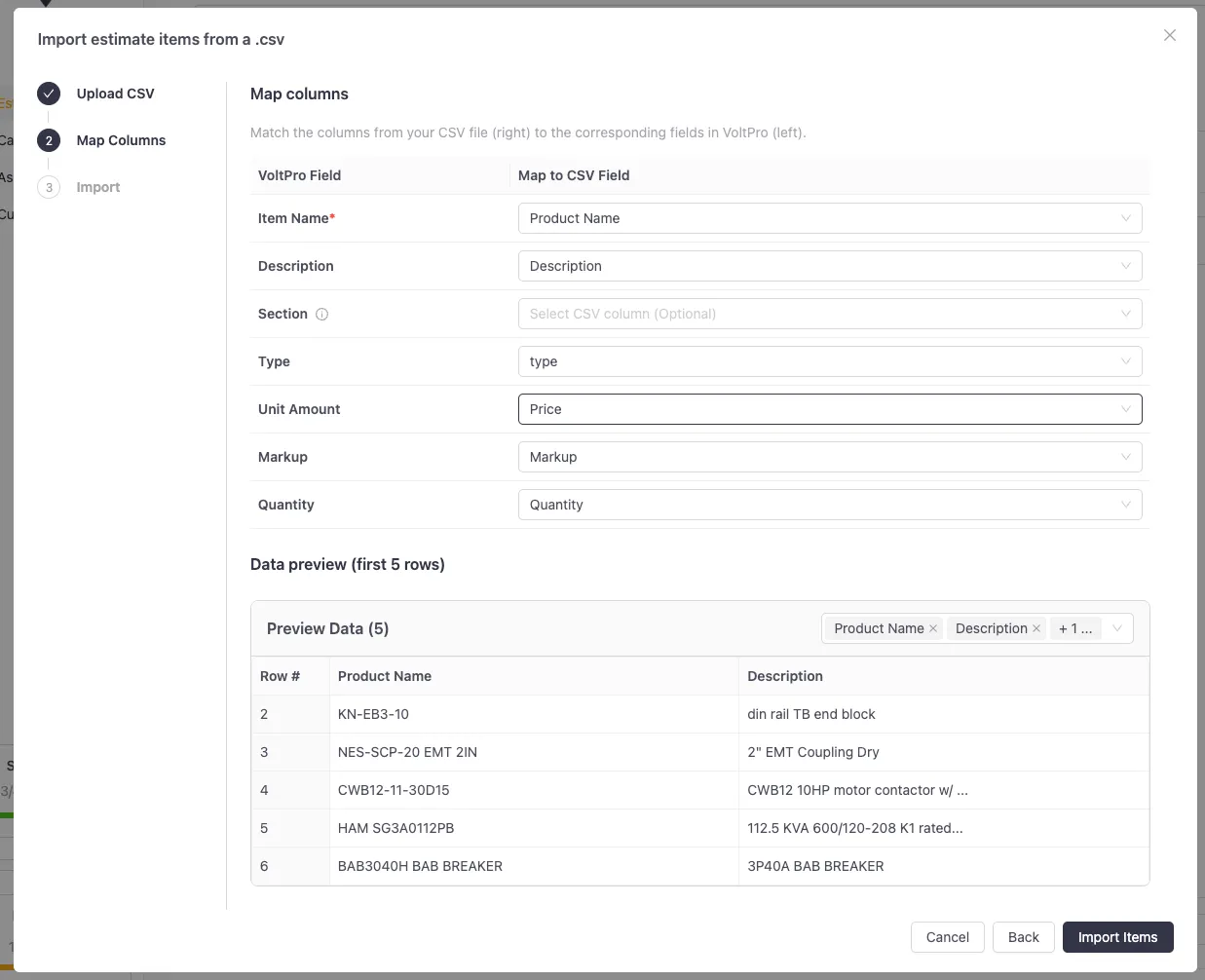 Column mapping step showing live row preview before import