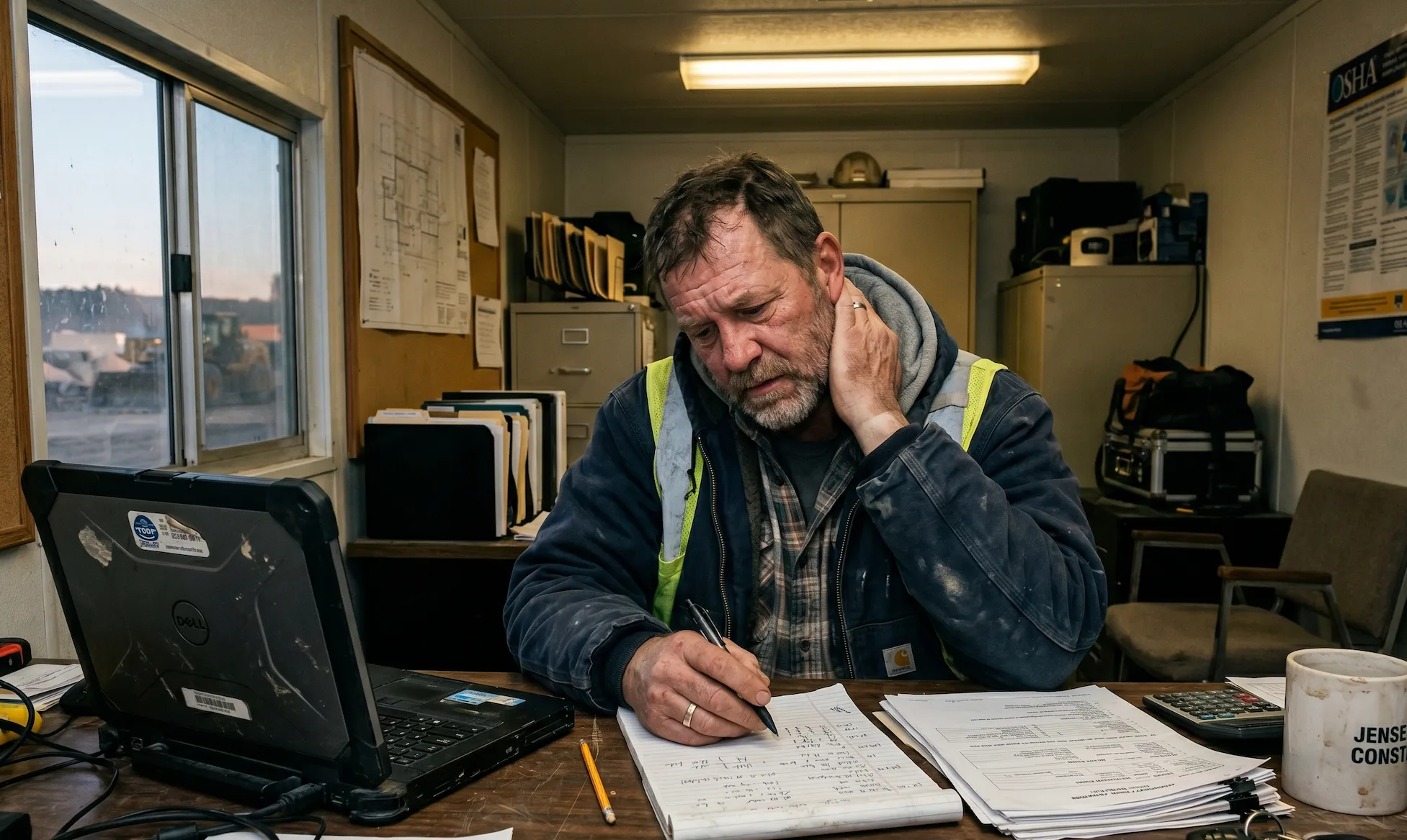 Electrical contractor at a job site trailer desk, writing estimates by hand while reviewing a laptop screen alongside stacks of paper files