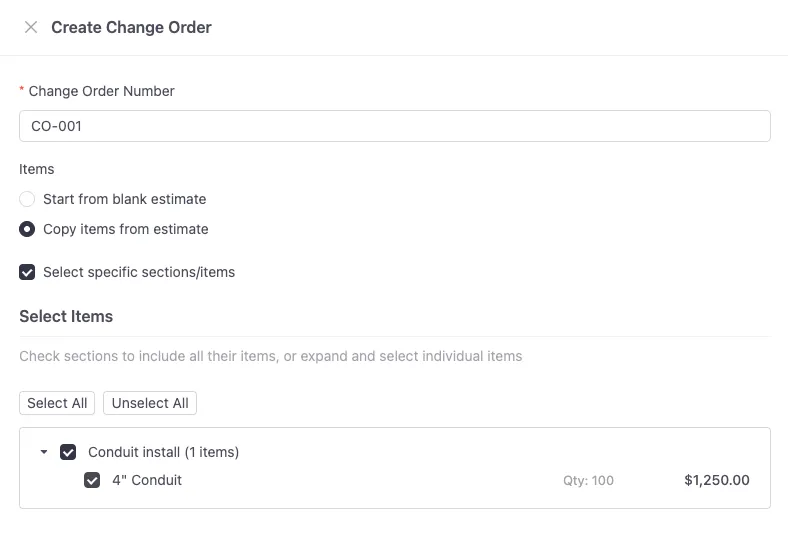 Creating a change order from a base estimate in VoltPro