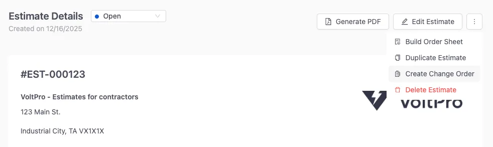 Create Change Order button on the base estimate detail page in VoltPro