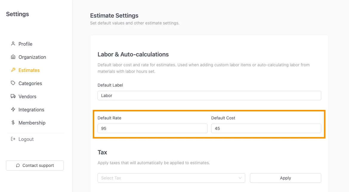 Set default labor costs and rates in VoltPro estimate settings