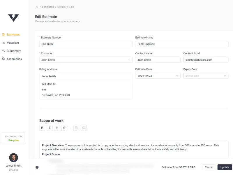 VoltPro's Edit Estimate screen showing customer details and a scope-of-work editor