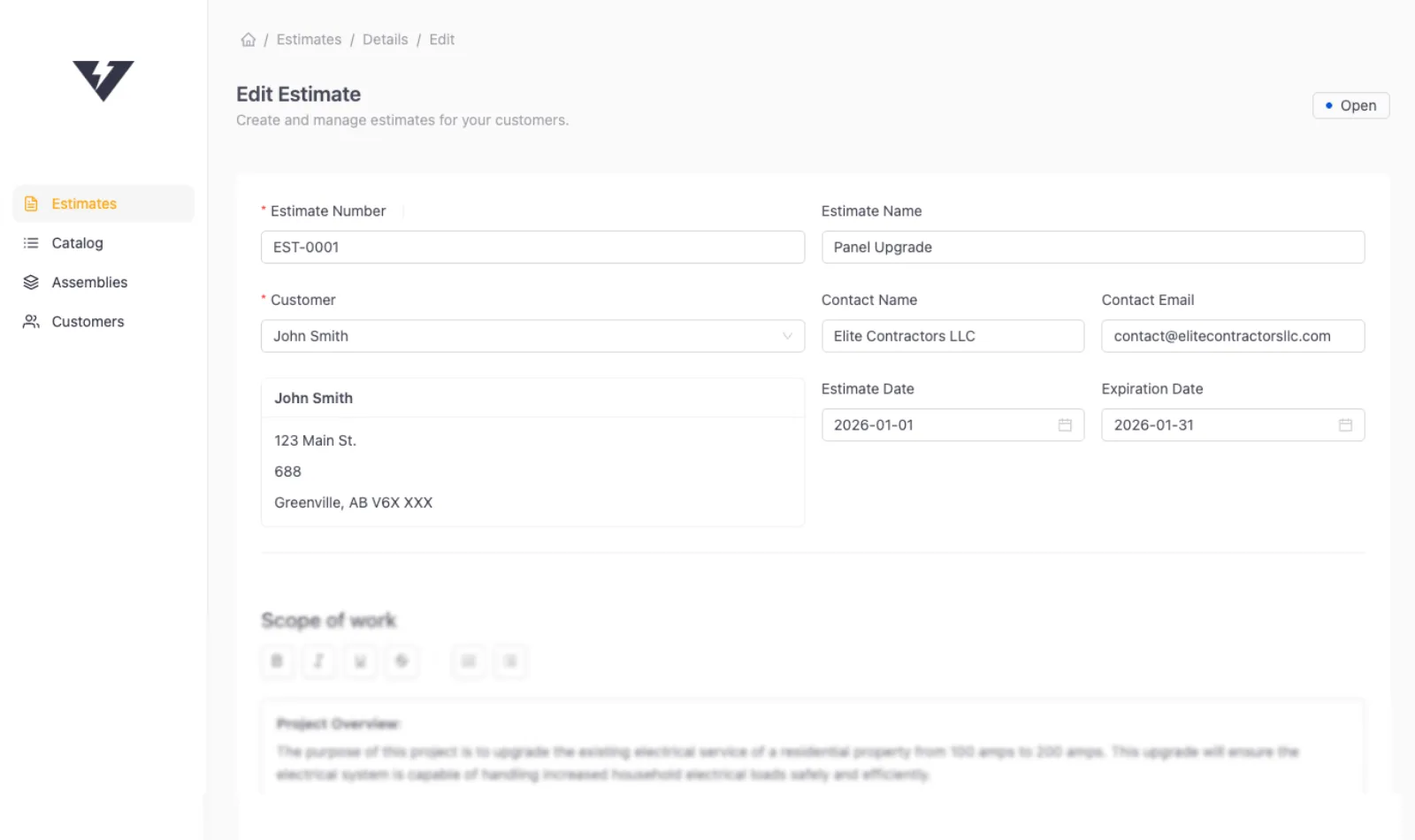 VoltPro estimate builder showing a multi-section estimate with line items, markup columns, and real-time profit breakdown panel