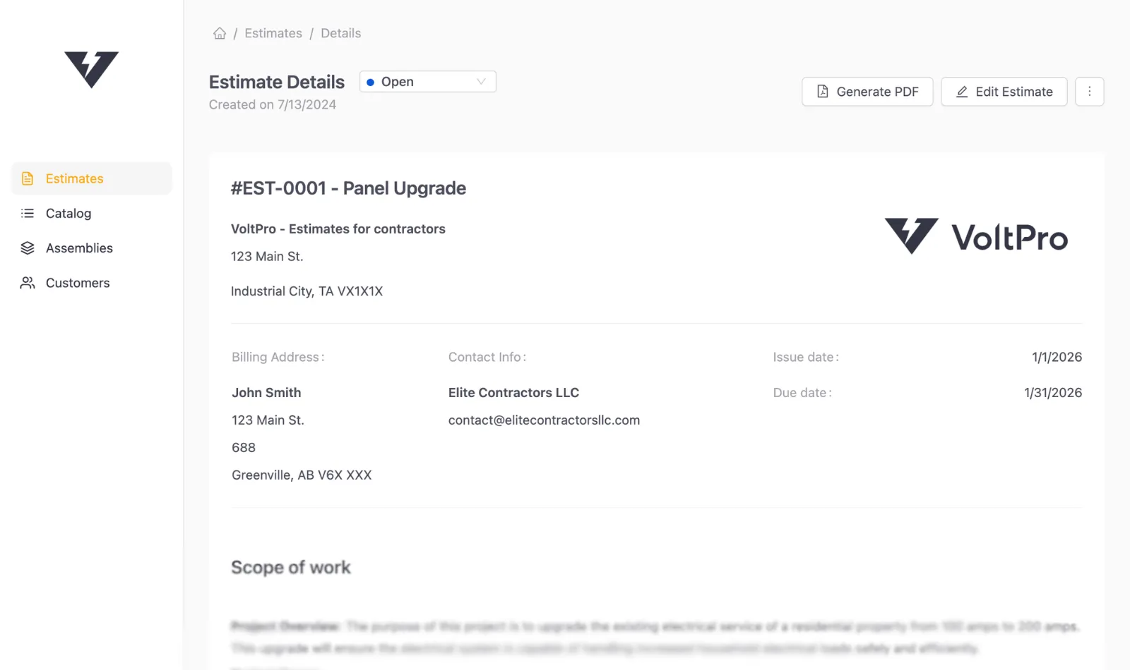 VoltPro estimate builder showing a professional estimate with materials, labor, markup, and profit summary
