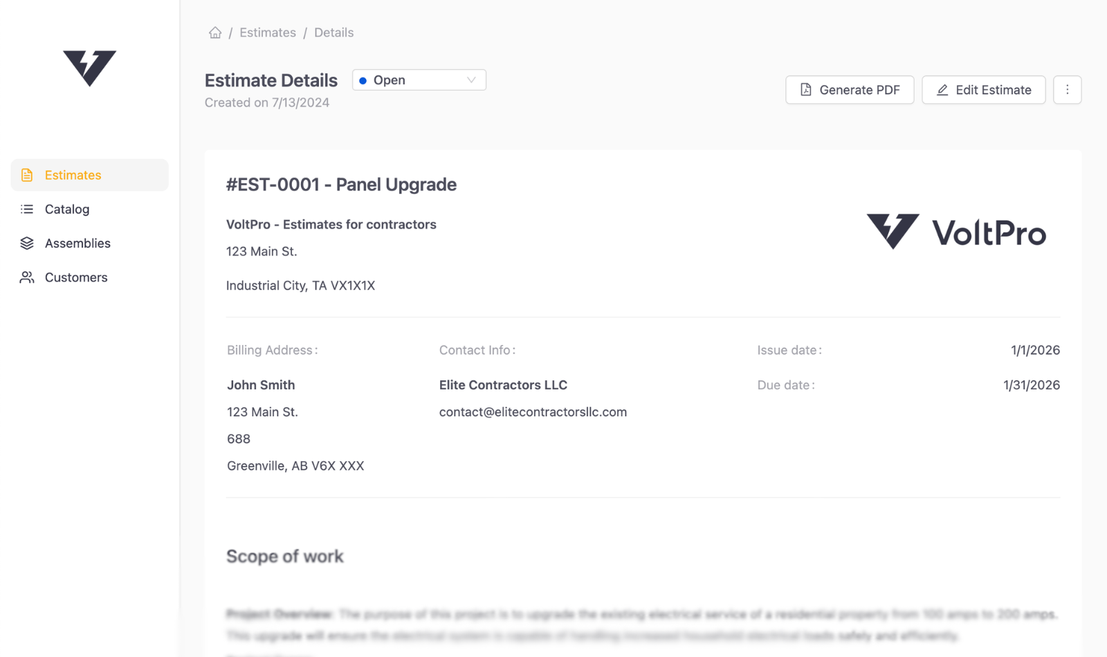 VoltPro estimate builder showing a 200A panel upgrade estimate with scope of work
