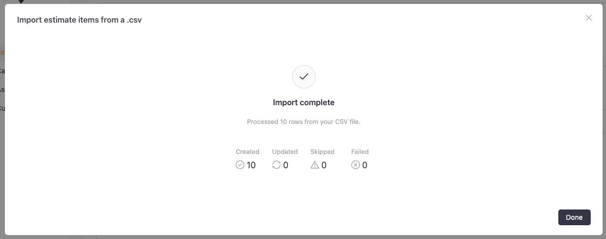 The import runs in the background and shows a summary of processed, skipped, and failed rows when it finishes.