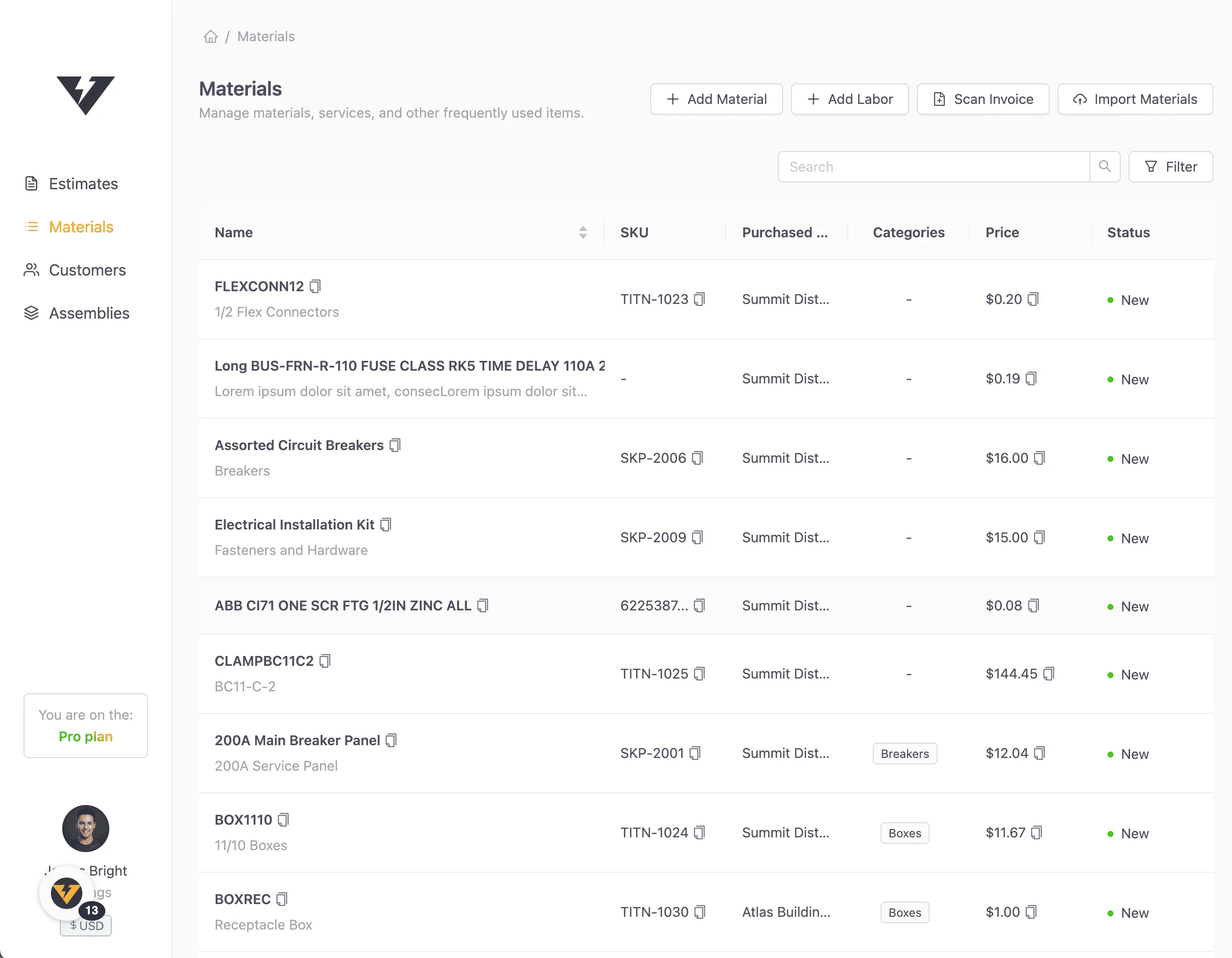 After successfully importing your CSV file, materials will me immediately searchable on VoltPro.