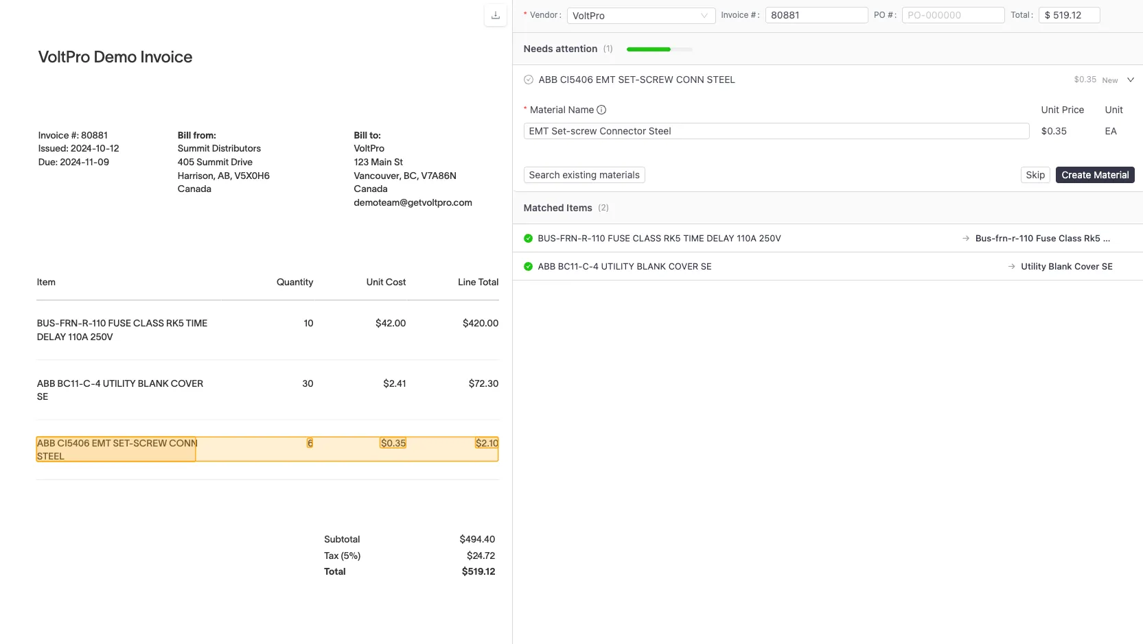 VoltPro invoice review modal showing matched line items with options to confirm, skip, or create new materials