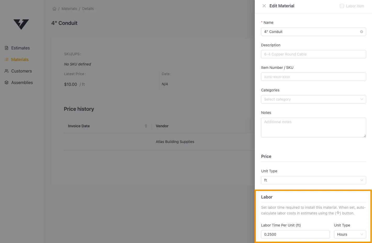 Detailed breakdown of labor cost and profit in VoltPro