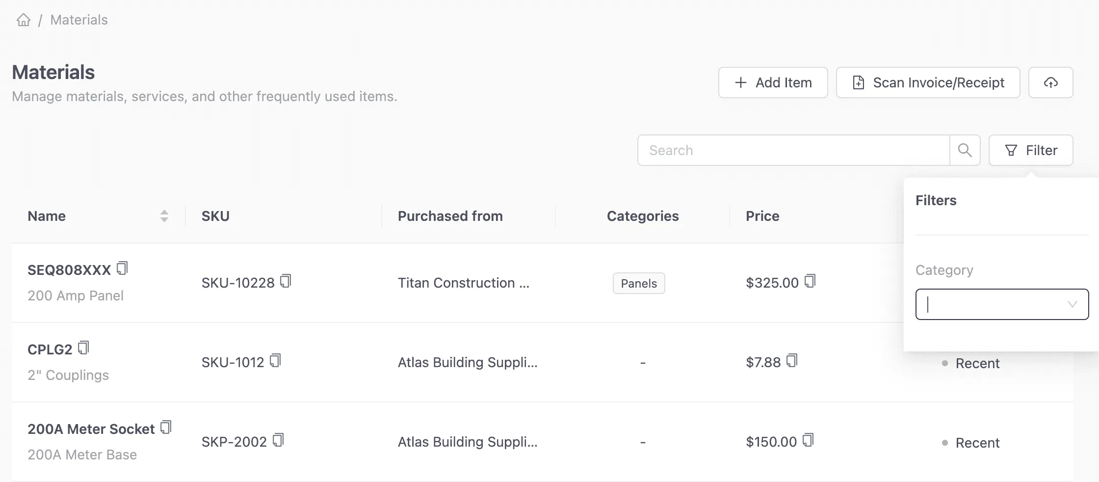 Categories help you organize your material catalog on VoltPro