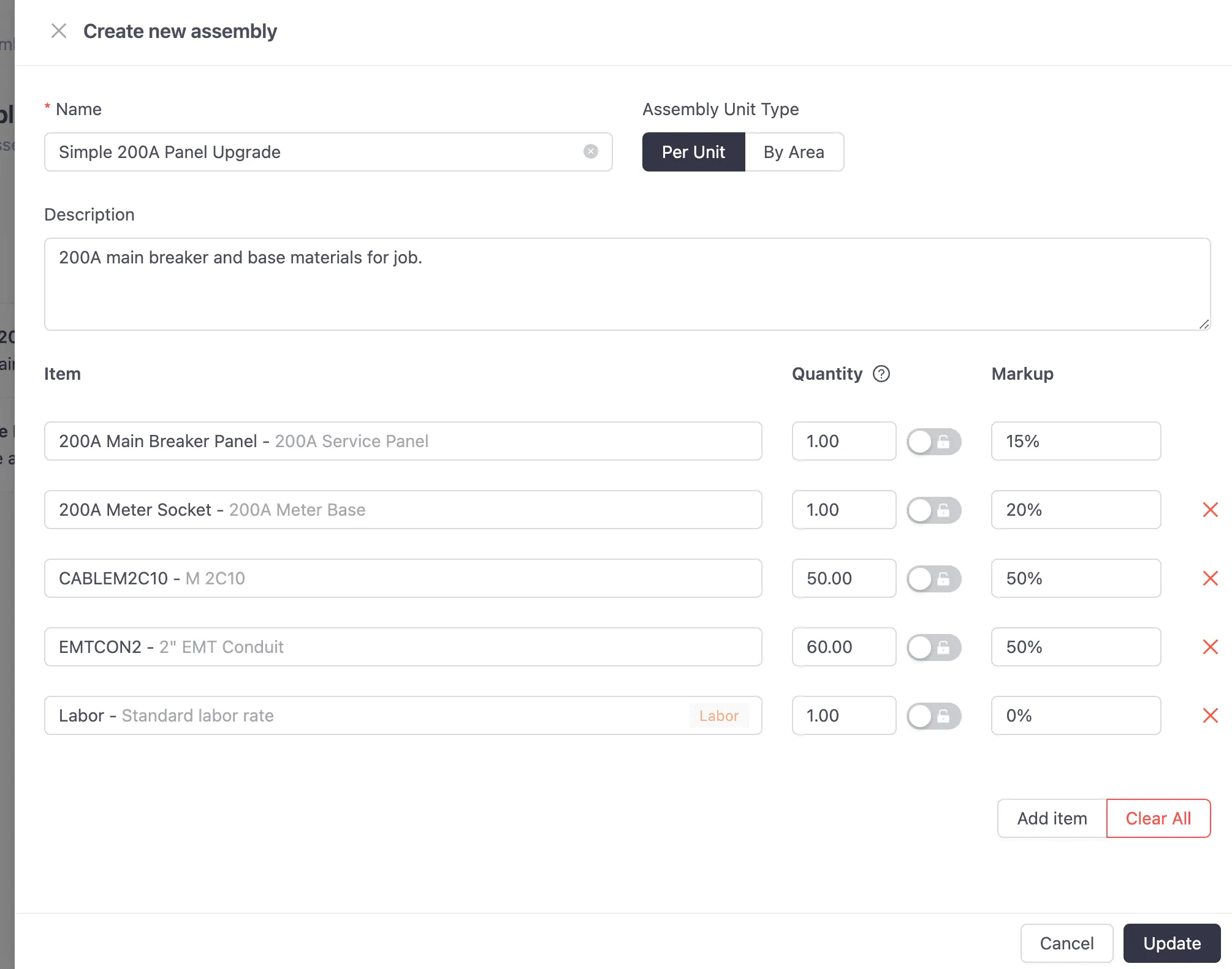 Add assemblies to estimaates by clicking the 'Add Assembly' button