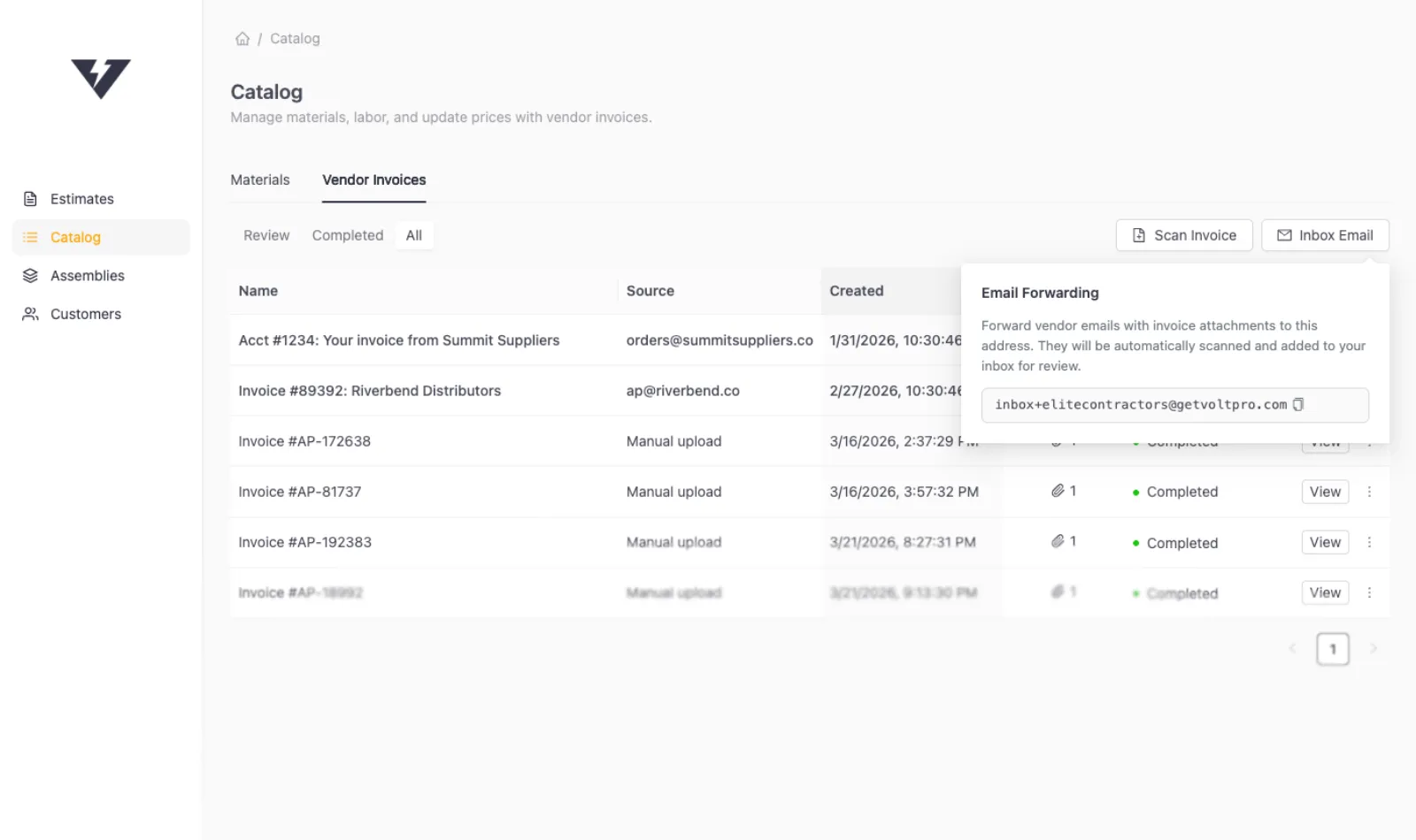 VoltPro price catalog showing vendor invoices organized by supplier with email forwarding setup