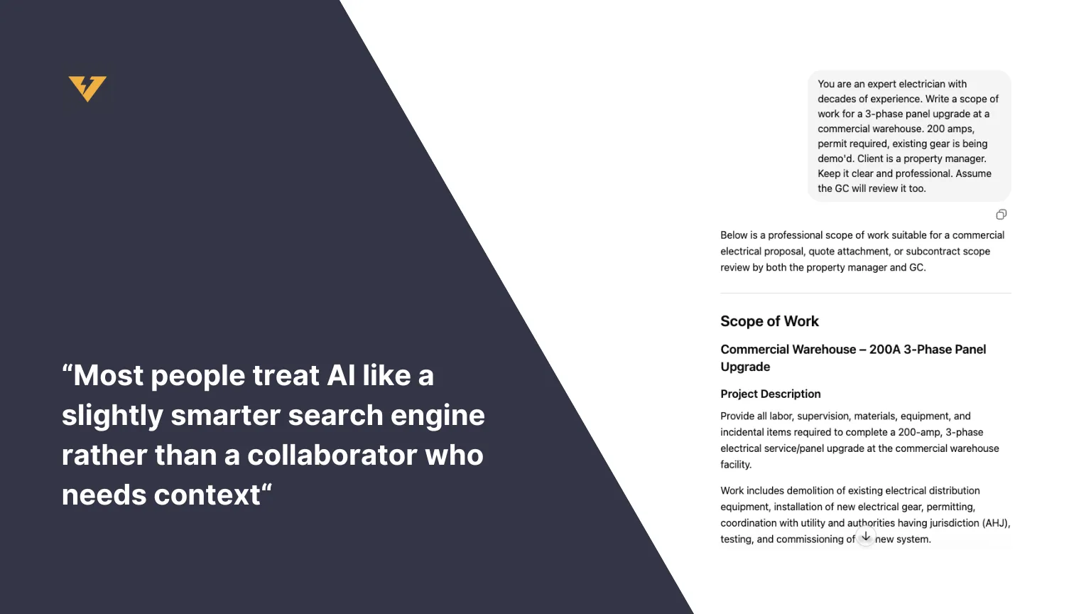Two-path graphic comparing a short, fragmented one-line AI query that returns a generic answer versus a context-rich, multi-turn conversation that returns useful output
