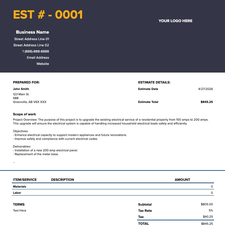 Electrical quote template spreadsheet showing the filled-in estimate sheet with line items, markup, and totals
