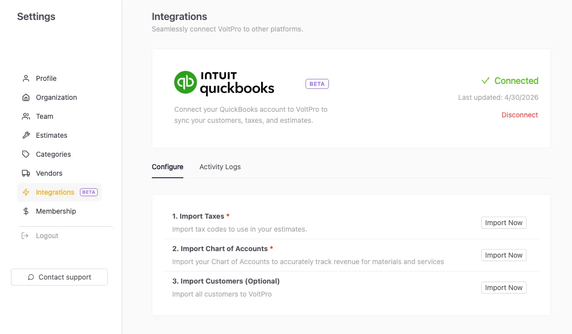 QuickBooks Online integration settings page in VoltPro