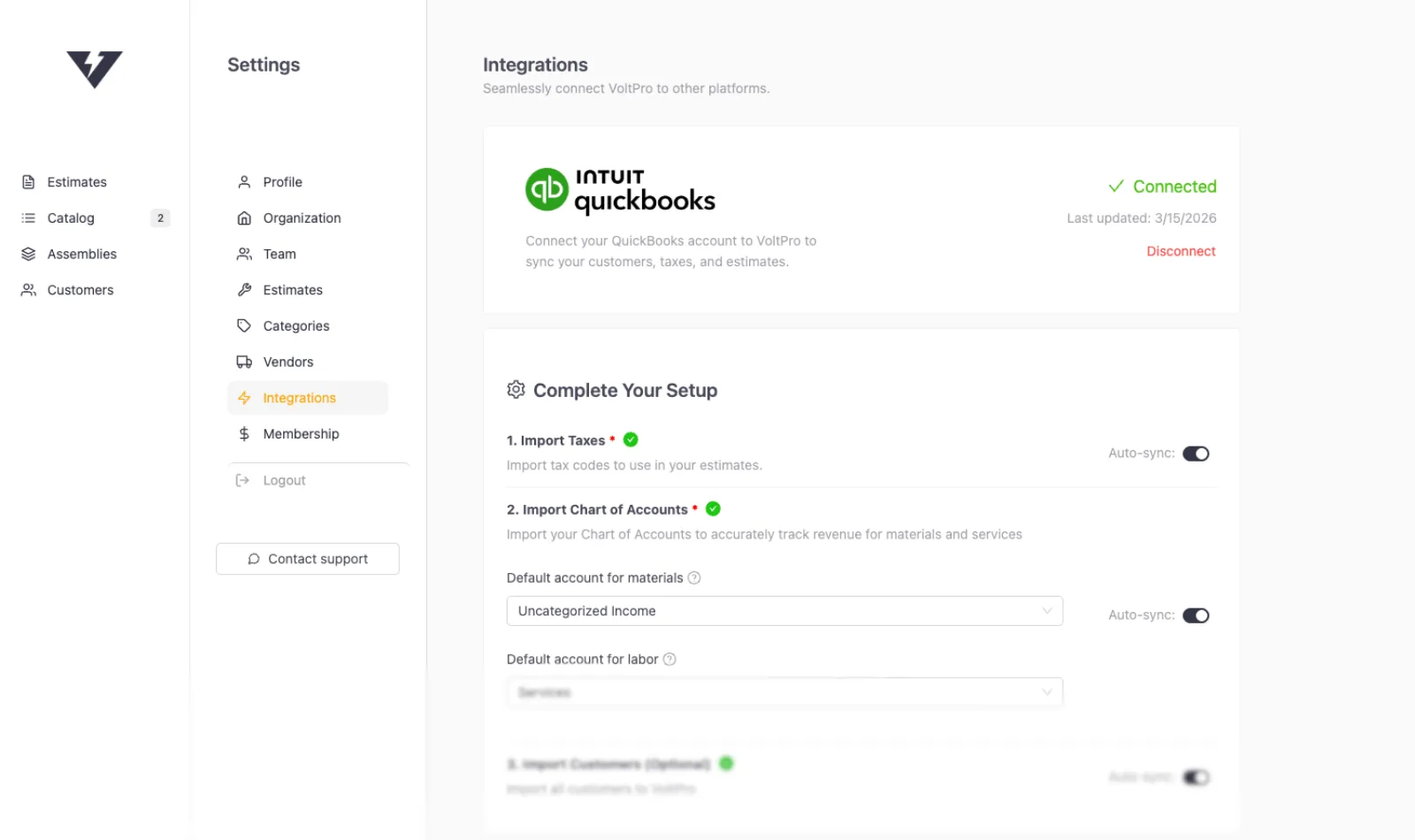 VoltPro settings page showing QuickBooks Online connected with setup steps for importing tax codes, chart of accounts, and customers