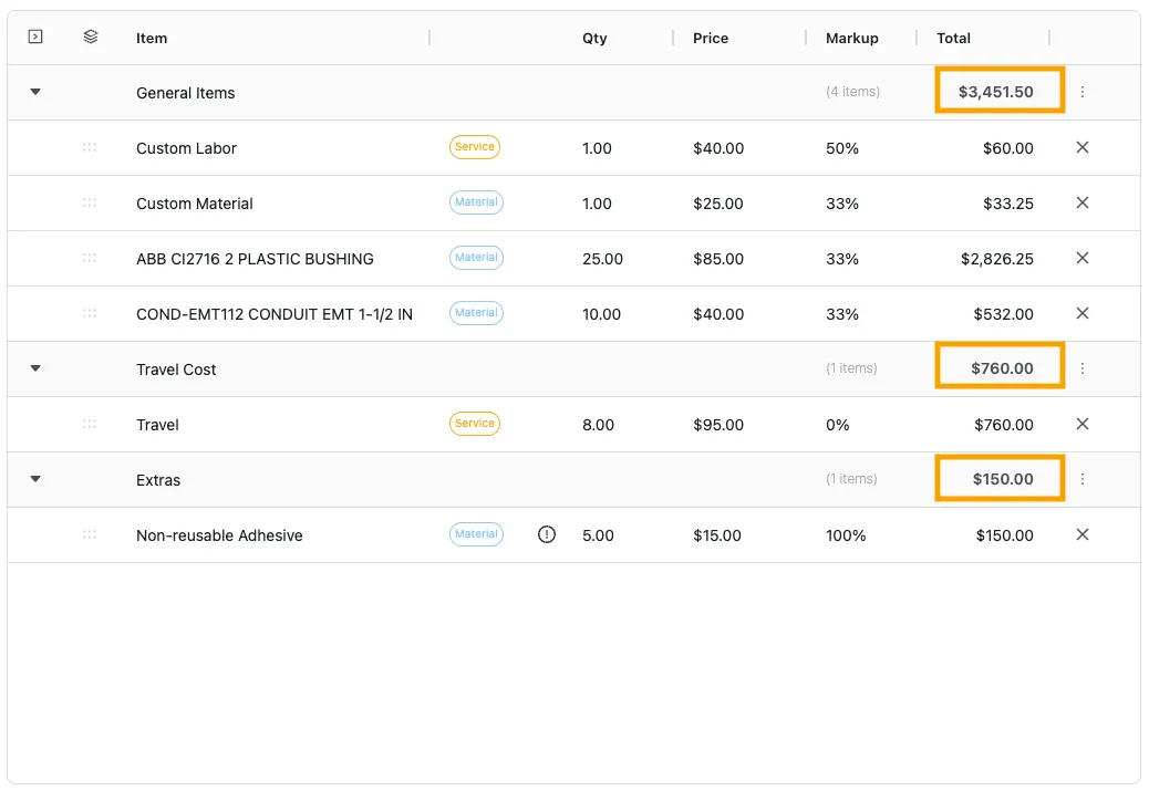 Realtime section totals in the VoltPro estimate editor