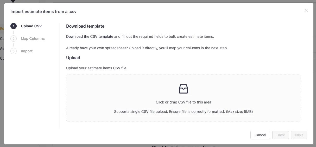 Three-step spreadsheet import modal in VoltPro: upload CSV, map columns, run import