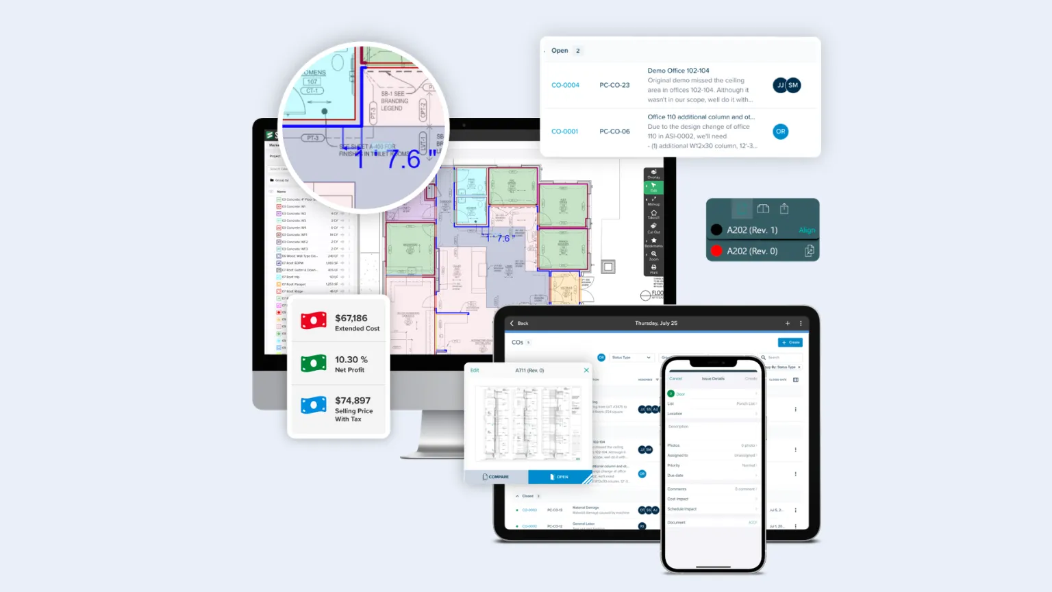 STACK's takeoff and estimating software shown on desktop, tablet, and phone, with electrical symbols and quantities detected on a set of plans