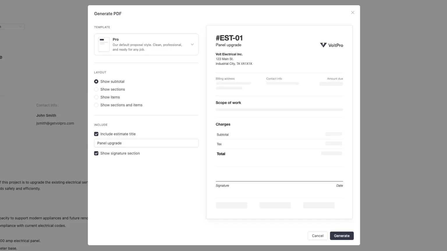 VoltPro's Generate PDF screen: proposal template and layout options beside a live preview showing the branded header, scope of work, charges, and total