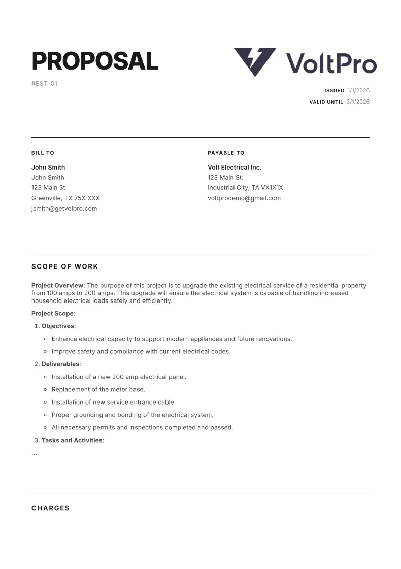 VoltPro proposal PDF showing branded header, scope of work section, and itemized line items — the professional client-facing document that proposal software generates
